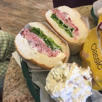 Bagel World - RB on a roll with romain lettuce, potato salad, and chips. - Coffee & Tea Near Me - Wappingers Falls, New York Bagel World - RB on a roll with romain lettuce, potato salad, and chips. - Coffee & Tea Near Me - Wappingers Falls, New York