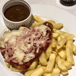 Bohjass Restaurant Wine Bar - Chicken Parmy. Yum. Usually with salad but not a big salad eater this boy.