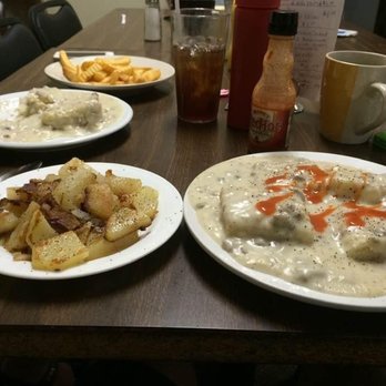 Bert & Betty's Kitchen - Biscuits & Sausage Gravy with home fries with onion - American Near Me - Fillmore, Indiana Bert & Betty's Kitchen - Biscuits & Sausage Gravy with home fries with onion - American Near Me - Fillmore, Indiana