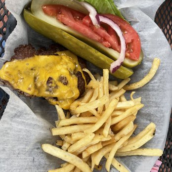 Ari & Mia's Small Town Cafe - Just a Burger with american cheese and a pickle bun (on the side) - Cafes Near Me - Miamitown, Ohio Ari & Mia's Small Town Cafe - Just a Burger with american cheese and a pickle bun (on the side) - Cafes Near Me - Miamitown, Ohio