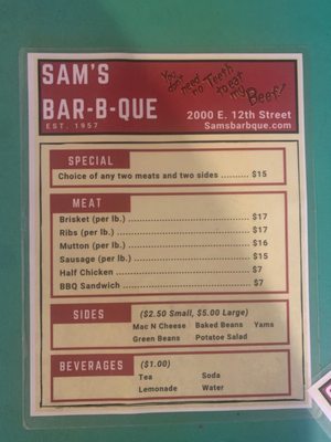 Menu photo 2 Sam's Bar-B-Que Austin, TX Menu photo 2 Sam's Bar-B-Que Austin, TX