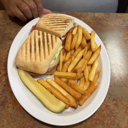 Raspberries Cafe of Rome - The Italian Panini with French Fries and pickle.