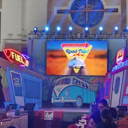 FBG Church - Inside the church with the stage set for summer camp