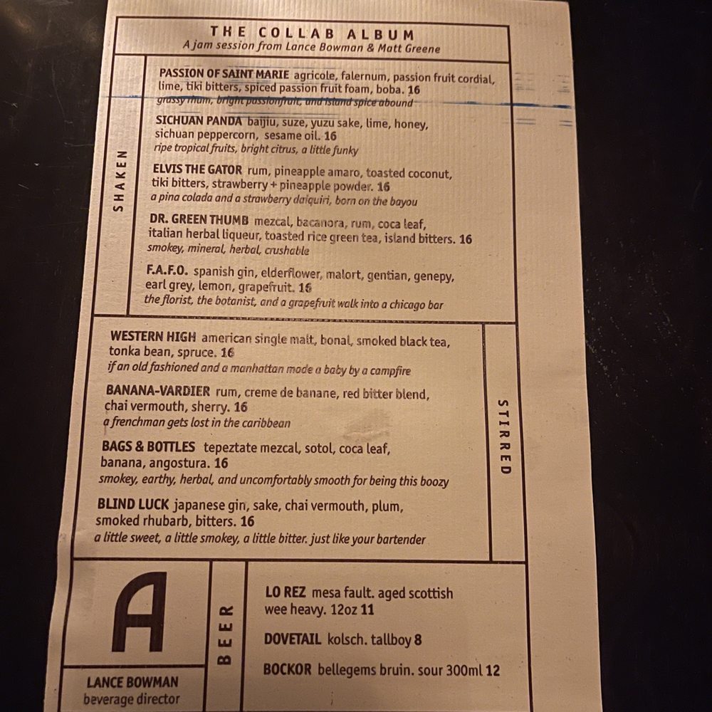 The Alderman - Side A of menu - Cocktail Bars Near Me - Chicago, Illinois