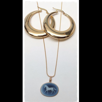 Davis Coin Company - Horse cameo and 14 karat gold hoop earrings. - Watches Near Me - Louisville, Kentucky Davis Coin Company - Horse cameo and 14 karat gold hoop earrings. - Watches Near Me - Louisville, Kentucky