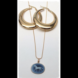 Davis Coin Company - Horse cameo and 14 karat gold hoop earrings.