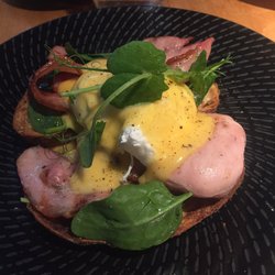 Eggs Benedict and truffled scramble