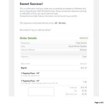 Pizza Shuttle - Online order confirmation totaling $18.13, I was charged $22.25 when the delivery driver arrived. - Pizza Near Me - Lawrence, Kansas