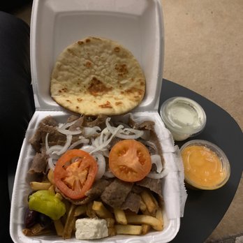 Gyro Palace - Gyro plate w/cheese sauce and tzatziki + French fries - Greek Near Me - Milwaukee, Wisconsin Gyro Palace - Gyro plate w/cheese sauce and tzatziki + French fries - Greek Near Me - Milwaukee, Wisconsin