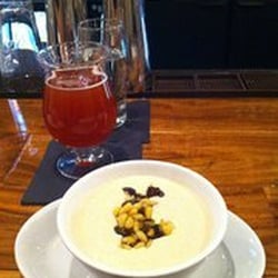 The Salted Pig - Daily soup- Cauliflower bisque with pinenut-caper-raisin relish and a Timmerman's Strawberry Lambic