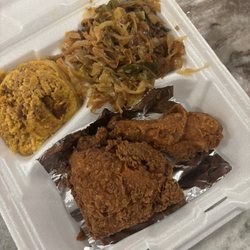 Fried chicken, sweet potato souflee, fried cabbage. It was all good but that cabbage was my favorite side dish from this meal.
