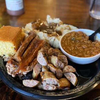 KC's Rib Shack - Brisket (pre-sauced); sausage chunks; baked beans; mashed potatoes; corn bread. - Barbeque Near Me - Manchester, New Hampshire KC's Rib Shack - Brisket (pre-sauced); sausage chunks; baked beans; mashed potatoes; corn bread. - Barbeque Near Me - Manchester, New Hampshire