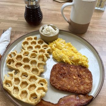The Bees Knees Bistro - "Catch a Red Eye" Eggs waffle, hash browns, bacon - Cafes Near Me - Wallingford, Connecticut The Bees Knees Bistro - "Catch a Red Eye" Eggs waffle, hash browns, bacon - Cafes Near Me - Wallingford, Connecticut