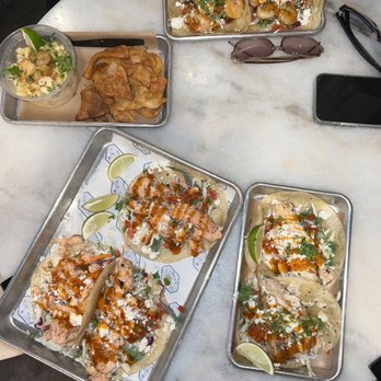 Dock Local - Baja Fish Taco + Smokin Salmon Taco + Garlic Shrimp Taco + Seafood Mac - Seafood Near Me - Dallas, Texas