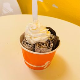 Oreo cookie with mint chip cookie, caramel drizzle and whipped cream