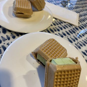 Tokyo Eats - Green tea Monaca Ice Cream. The outside was like a thin ice cream cone texture, and there is a layer of chocolate in between. - Ramen Near Me - Fullerton, California Tokyo Eats - Green tea Monaca Ice Cream. The outside was like a thin ice cream cone texture, and there is a layer of chocolate in between. - Ramen Near Me - Fullerton, California