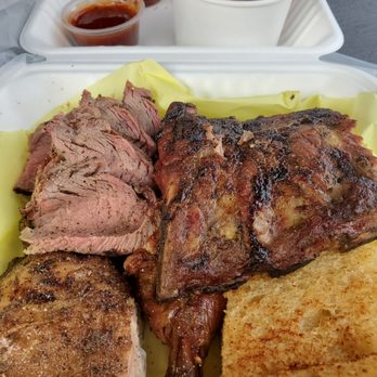 Santa Maria BBQ - Sampler platter. Tri-tip, pork ribs, and chicken. Bread and baked beans. - Caterers Near Me - Culver City, California