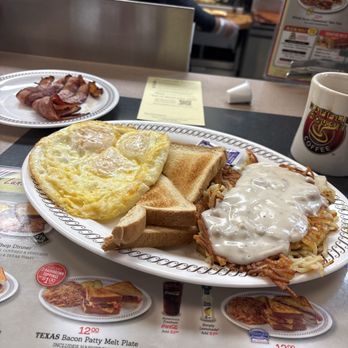 Waffle House - 3 eggs over light , bacon , hash browns with onions and covered with gravy. - Diners Near Me - Radcliff, Kentucky