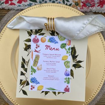 Plates By Payne - Our menu on top of Plates by Payne's printed menu and charger, their napkins and holder too, so cute - Personal Chefs Near Me Plates By Payne - Our menu on top of Plates by Payne's printed menu and charger, their napkins and holder too, so cute - Personal Chefs Near Me