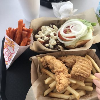Dairy Rich - Baby blue burger with sweet potato fries ($9) and kids chicken fingers ($5.50) - Burgers Near Me - Palm Harbor, Florida Dairy Rich - Baby blue burger with sweet potato fries ($9) and kids chicken fingers ($5.50) - Burgers Near Me - Palm Harbor, Florida