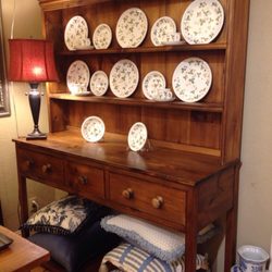Vignette Consignment & Design - Break front decorated with a wild strawberry wedge wood plate set