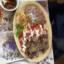 La Cocina de La Abuela - Red chilaquiles with carne potatoes and beans