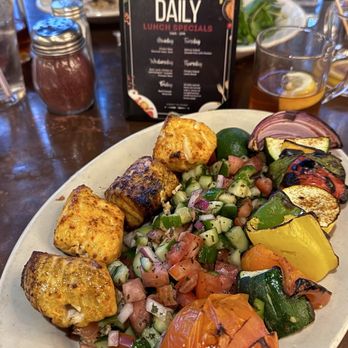 Kasra Persian Grill - Salmon Kabob with Persian Salad and Vegetables - Middle Eastern Near Me - Houston, Texas Kasra Persian Grill - Salmon Kabob with Persian Salad and Vegetables - Middle Eastern Near Me - Houston, Texas