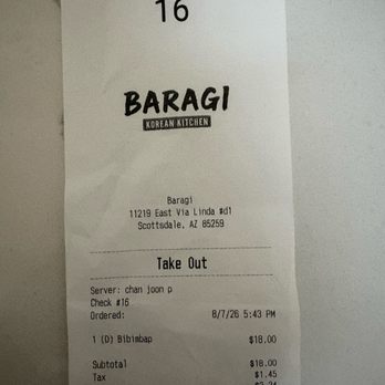 Baragi - The receipt...fair & reasonable - Korean Near Me - Scottsdale, Arizona