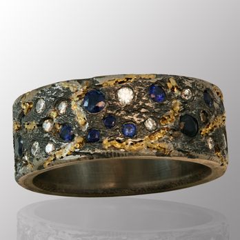 Dejan Studio Jewelry - Commission Genius of Nature textured wedding ring made in palladium and 18K yellow gold inlay with over 1 1/2 ct. of diamonds & sapphires. - Jewelry Near Me - Alexandria, Virginia Dejan Studio Jewelry - Commission Genius of Nature textured wedding ring made in palladium and 18K yellow gold inlay with over 1 1/2 ct. of diamonds & sapphires. - Jewelry Near Me - Alexandria, Virginia