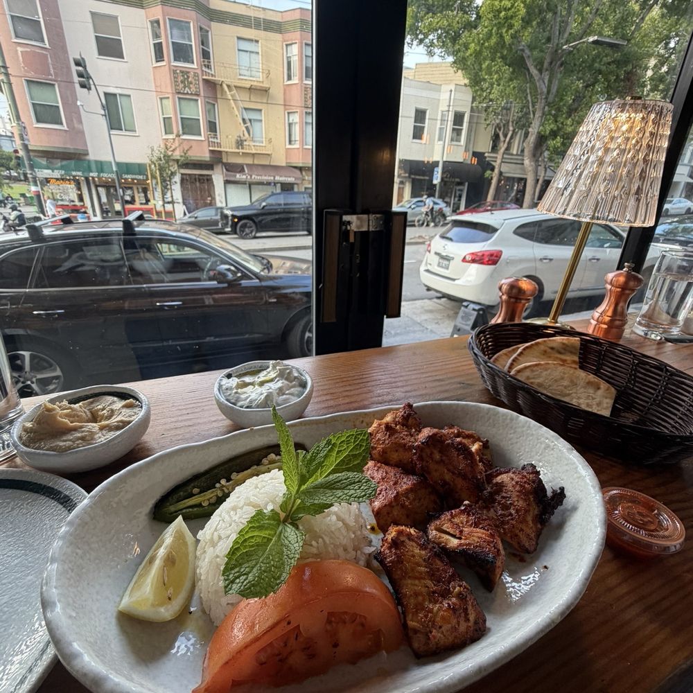 North Beach Gyros - Chicken Skewer Plate and Humis with Pita - Mediterranean Near Me - San Francisco, California