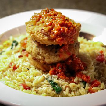 Coppers Restaurant - Crab Cake Stack over Orzo pasta - Seafood Near Me - Conway, South Carolina
