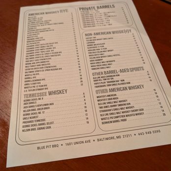 Blue Pit BBQ and Whiskey Bar - Part of their whiskey list - Bars Near Me - Baltimore, Maryland Blue Pit BBQ and Whiskey Bar - Part of their whiskey list - Bars Near Me - Baltimore, Maryland