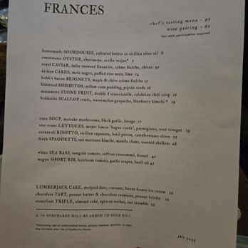 Frances - Menu 7/18/2025 - New American Near Me - San Francisco, California