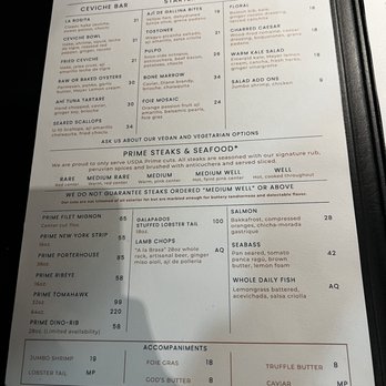 Platea - Menú - The menu features sections for ceviche, starters, salads, prime steaks, seafood, and accompaniments, with detailed descriptions and prices. - Peruvian Near Me - Pinecrest, Florida