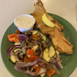 Fish n chips* with grilled veggies)