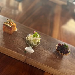 Amuse Bouche: caviar topped potato cake, crab salad, best and goat cheese tart! The best beginning... Amuse Bouche: caviar topped potato cake, crab salad, best and goat cheese tart! The best beginning...