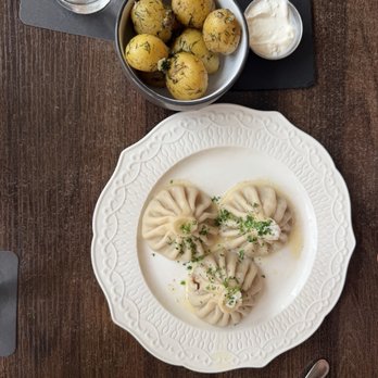 Babushka's - Hyde Park - Khinkali (beef filled soup dumpling) with golden potatoes - Russian Near Me - Tampa Bay, Florida