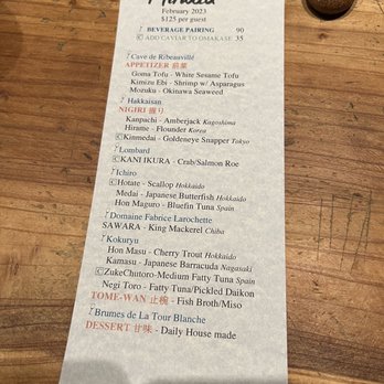 Hinata - Omakase menu - Sushi Bars Near Me - San Francisco, California