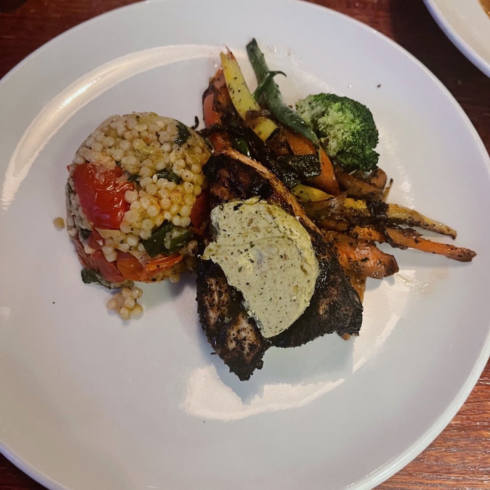 Ports Cafe - Blackened swordfish filet, couscous, and veg - New American Near Me - Geneva, New York Ports Cafe - Blackened swordfish filet, couscous, and veg - New American Near Me - Geneva, New York