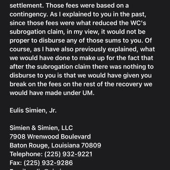 Simien & Simien - 1/11/23 - Eulis S. Only now he mentions fees when I ask for my portion of the $10K he kept from 2021. - Personal Injury Law Near Me - Baton Rouge, Louisiana