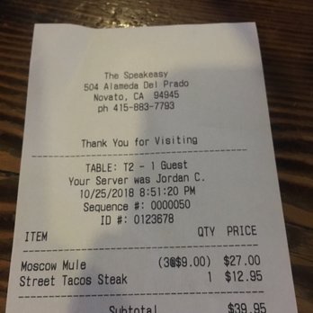 The Speakeasy - My receipt - Speakeasies Near Me - Novato, California