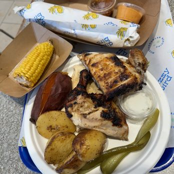 Dizzy Bird - Half 1/2 Chicken Plate and Classic Bird wrap with Grilled Corn on the Cob, Baked Sweet Potato and Lemon Garlic Roasted Potatoes - Chicken Shop Near Me - Mission Viejo, California Dizzy Bird - Half 1/2 Chicken Plate and Classic Bird wrap with Grilled Corn on the Cob, Baked Sweet Potato and Lemon Garlic Roasted Potatoes - Chicken Shop Near Me - Mission Viejo, California