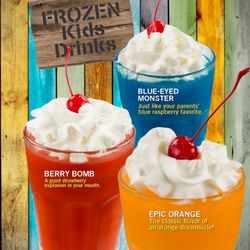 Hacienda Mexican Restaurants - Frozen Kids Drinks available:
- Blue Eyed Monster
- Berry Bomb
- Epic Orange