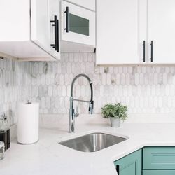 Bethesda Cabinets - Green Cabinets and Marble Tile Backsplash