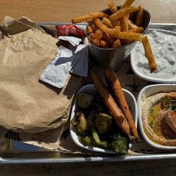 Mazra - Pita bread, fries, cucumber yogurt, hummus, roasted veggies. - Mediterranean Near Me - San Bruno, California