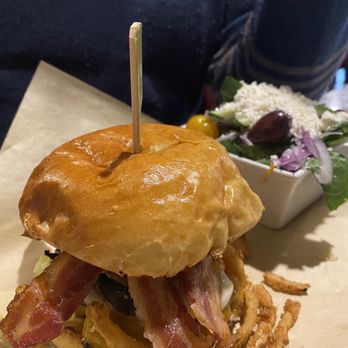 Barley Mow - Barley burger (2 beef patties - just not visible at this angle) and side of Greek salad - Pubs Near Me - Ottawa, Ontario
