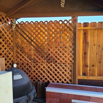 Adams Construction - Painted pool pump house with the new permanent post and stained fence - Door Sales/Installation Near Me Adams Construction - Painted pool pump house with the new permanent post and stained fence - Door Sales/Installation Near Me