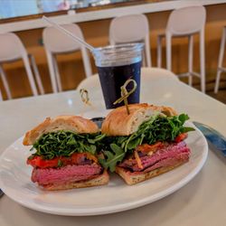 Caffetteria Modern Cafe & Marketplace - Steak sandwich with a "suicide" (aka a mix of 4 or 5 soft drinks) drink.