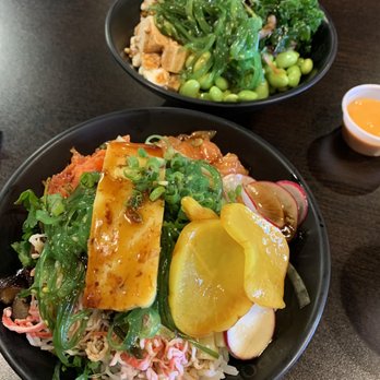 Poke Fish - Poke bowl with marinated salmon/spicy tuna/stuff/extra crab salad Tofu bowl - Poke Near Me - Ann Arbor, Michigan