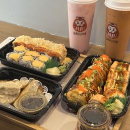 Gyoza- Crazy Tuna Roll Spicy Tuna Roll Shrimp Tempura Roll Thai Tea Boba Milk Tea- Strawberry Milk Drink-